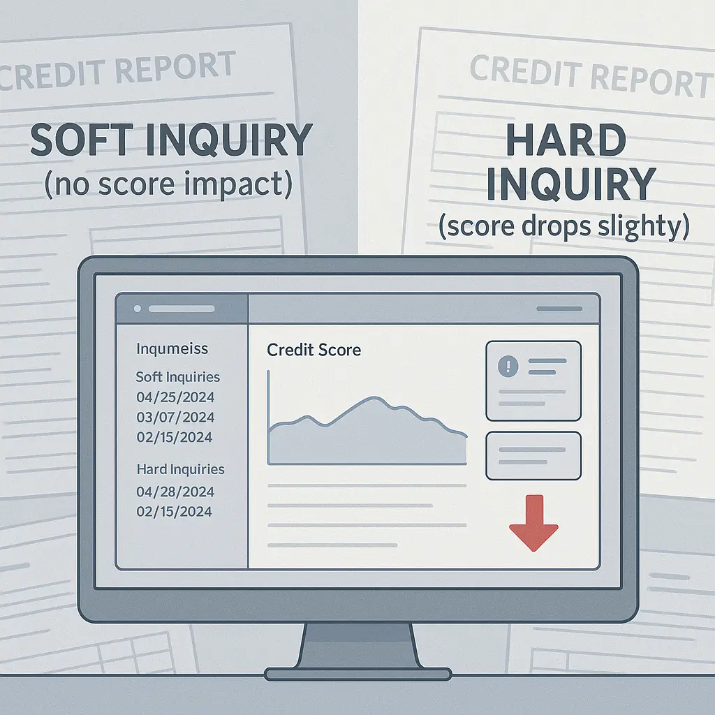 Split screen showing a soft credit inquiry on the left (no score impact) and a hard credit inquiry on the right (score drops slightly), with credit report documents in the background