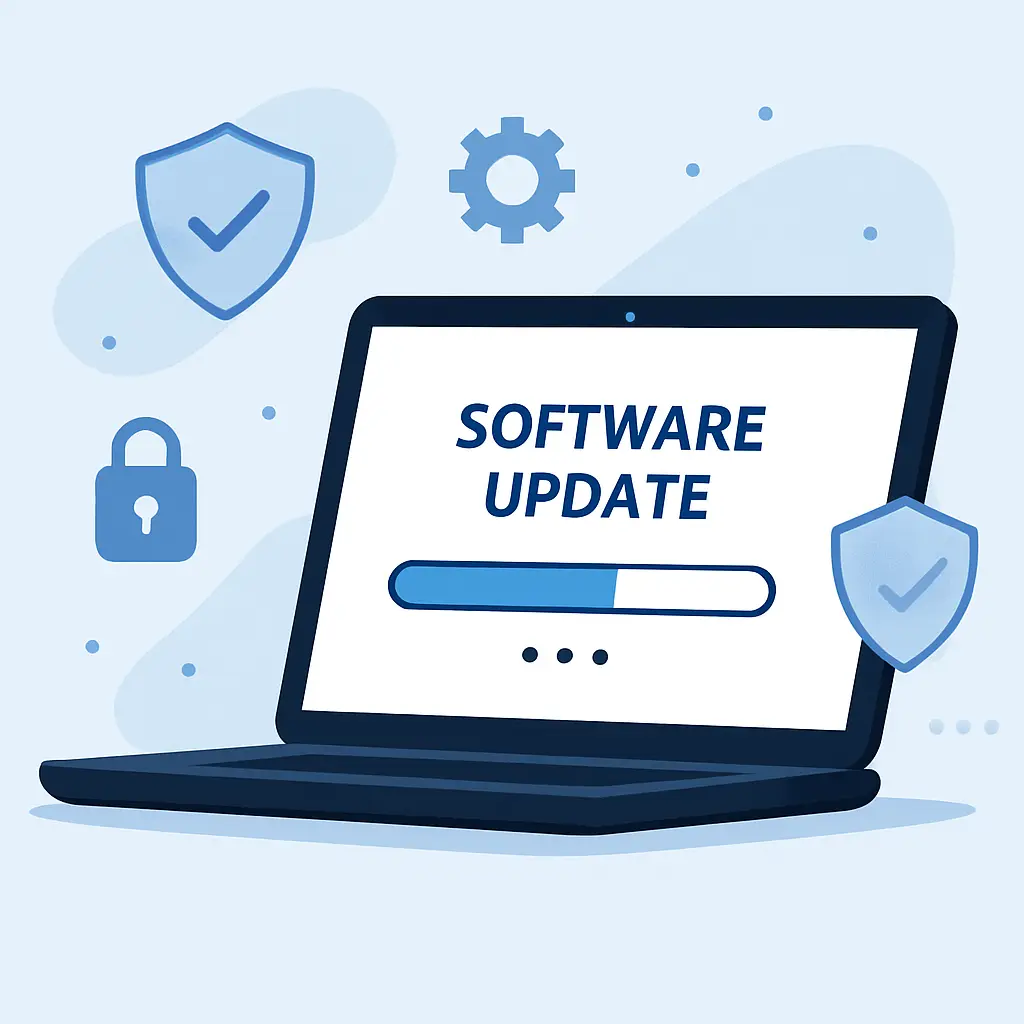 A shield icon with a checkmark overlaying a laptop, representing the protection that comes from installing software updates