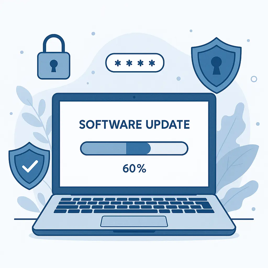 A laptop screen displaying a software update notification with a progress bar, symbolizing the importance of keeping systems current