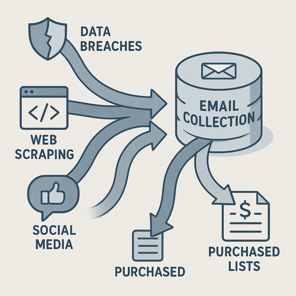 Illustration showing protective barriers filtering email collection methods