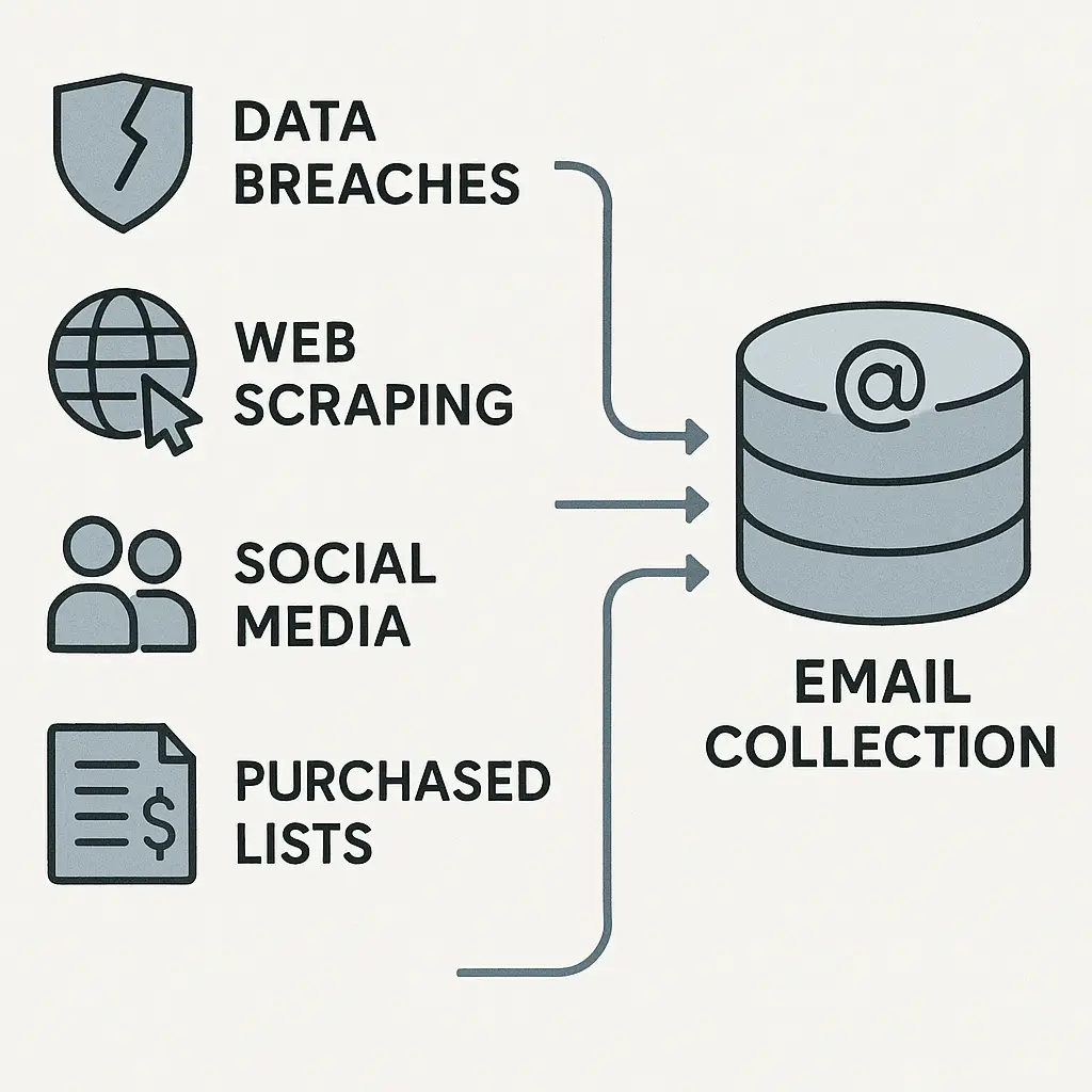 Illustration showing email addresses flowing from various sources into a collection funnel