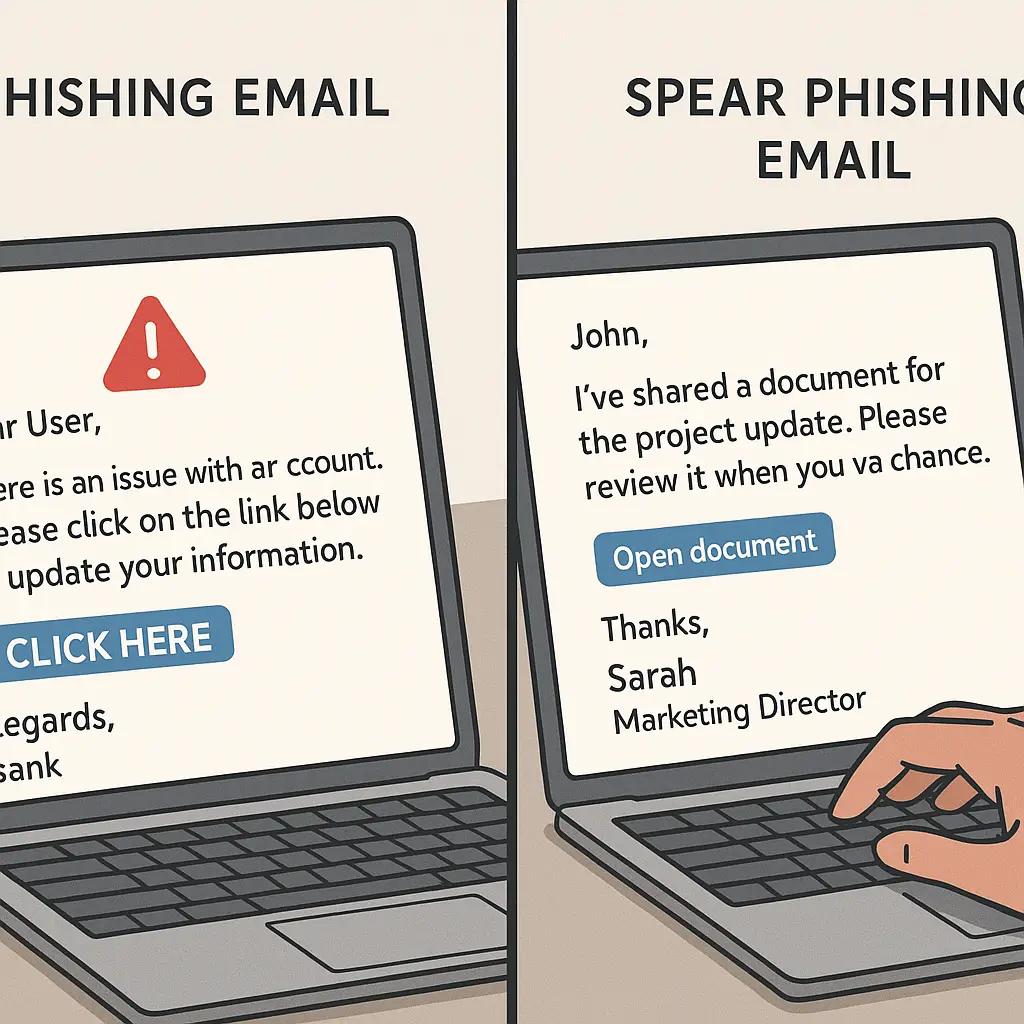Person reviewing email with magnifying glass, examining sender details and context