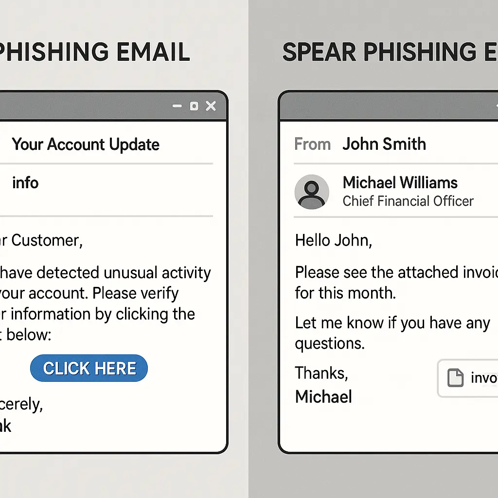Split screen showing generic phishing email on left and personalized spear phishing email on right