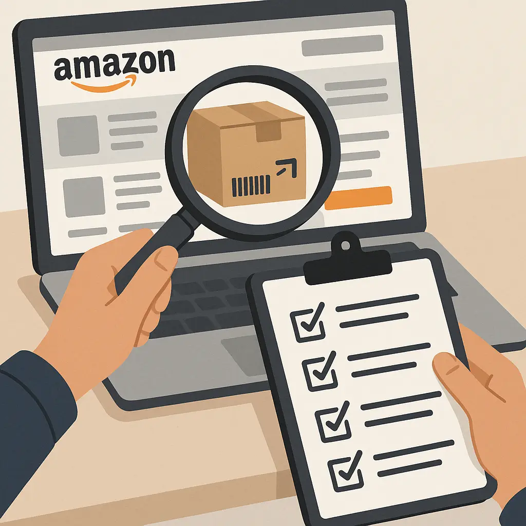 Checklist on clipboard next to laptop displaying verified Amazon seller badge and customer reviews