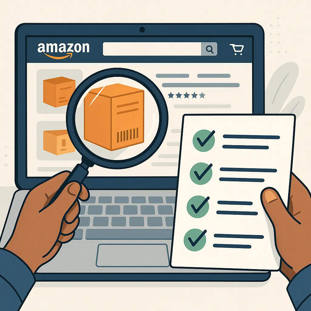 Magnifying glass examining product packaging details on a laptop screen showing Amazon product listing