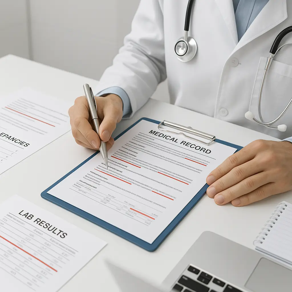 Close-up of medical records with a magnifying glass highlighting discrepancies in treatment dates and billing codes