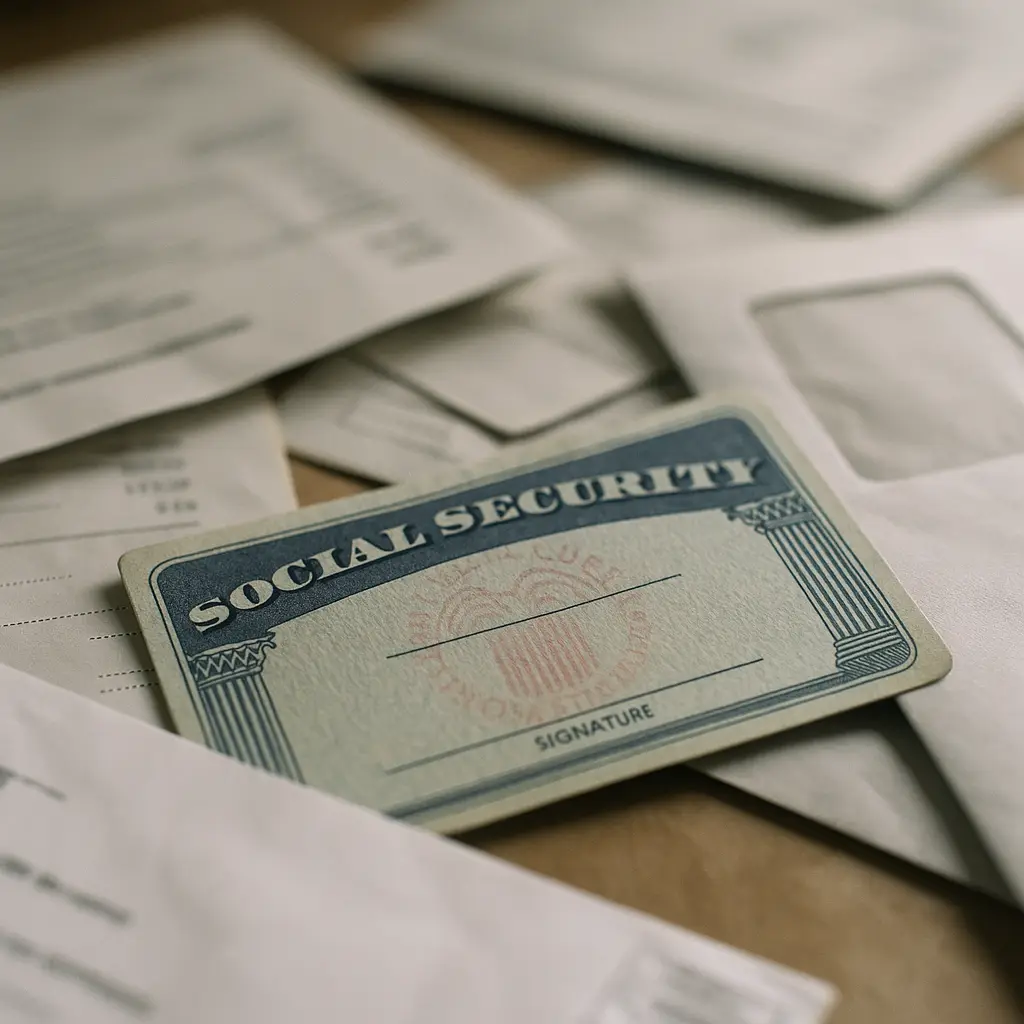 Social Security card partially visible among scattered papers, representing the reality of SSN exposure