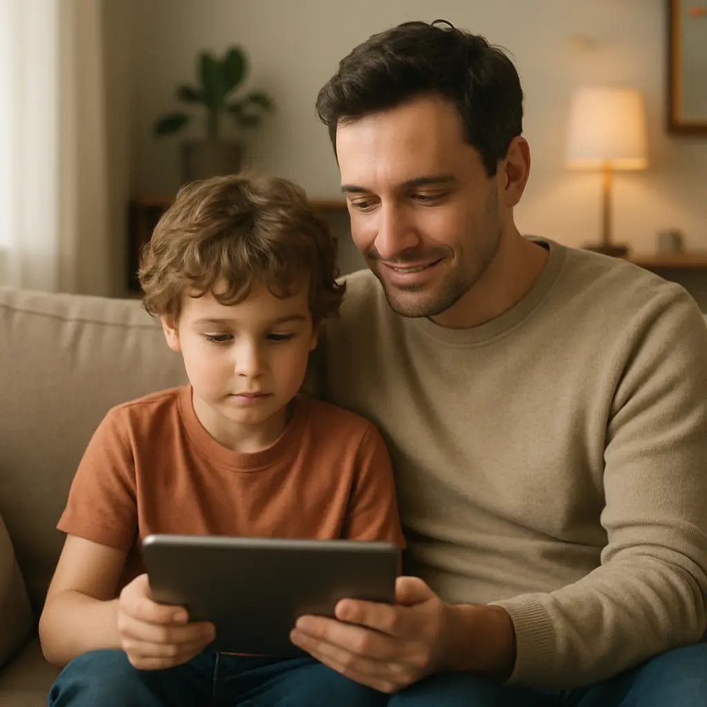 Parent and child sitting together looking at a tablet, having a calm conversation