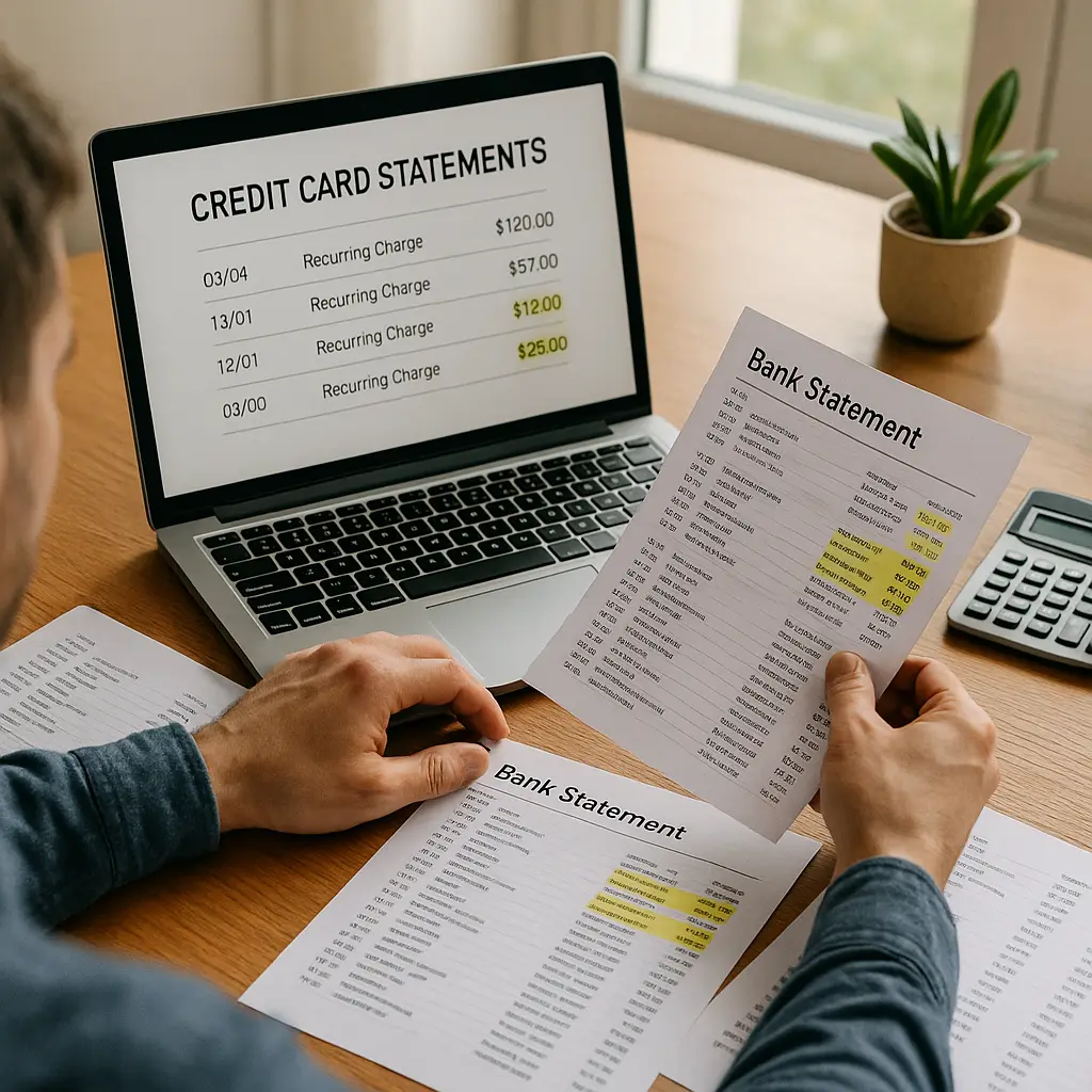 Credit card statements spread across a desk with highlighted recurring charges and a calculator