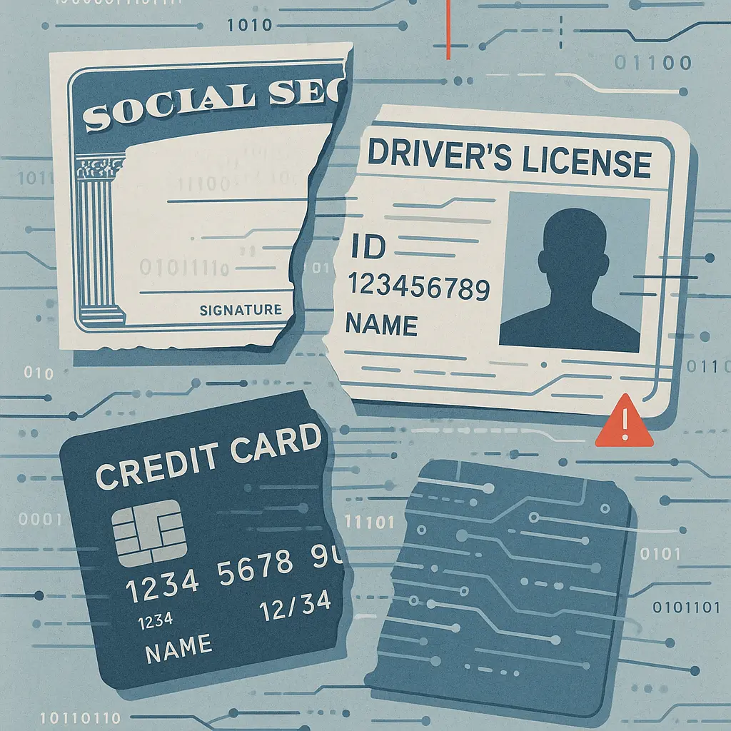 Fragmented identity documents overlapping with digital code, representing the construction of synthetic identities from mixed real and fake data