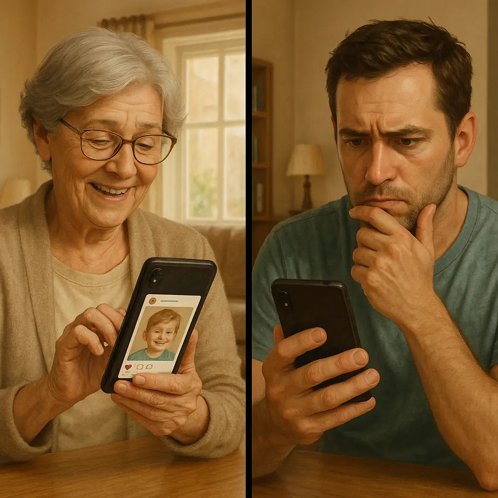 Family members reviewing photo-sharing guidelines together at kitchen table