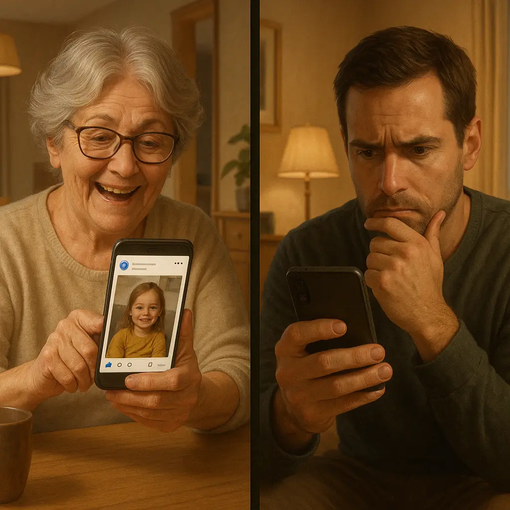 Grandmother showing smartphone with family photo to concerned parent