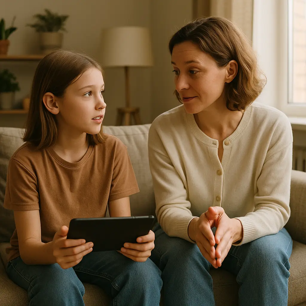 Family sitting together at a kitchen table with devices, establishing ground rules
