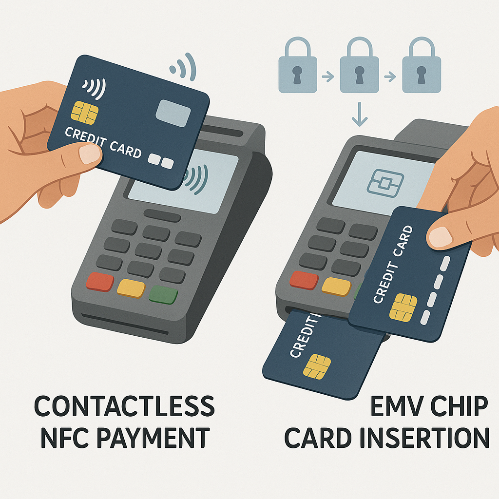 Visual comparison of tap-to-pay and chip card security mechanisms