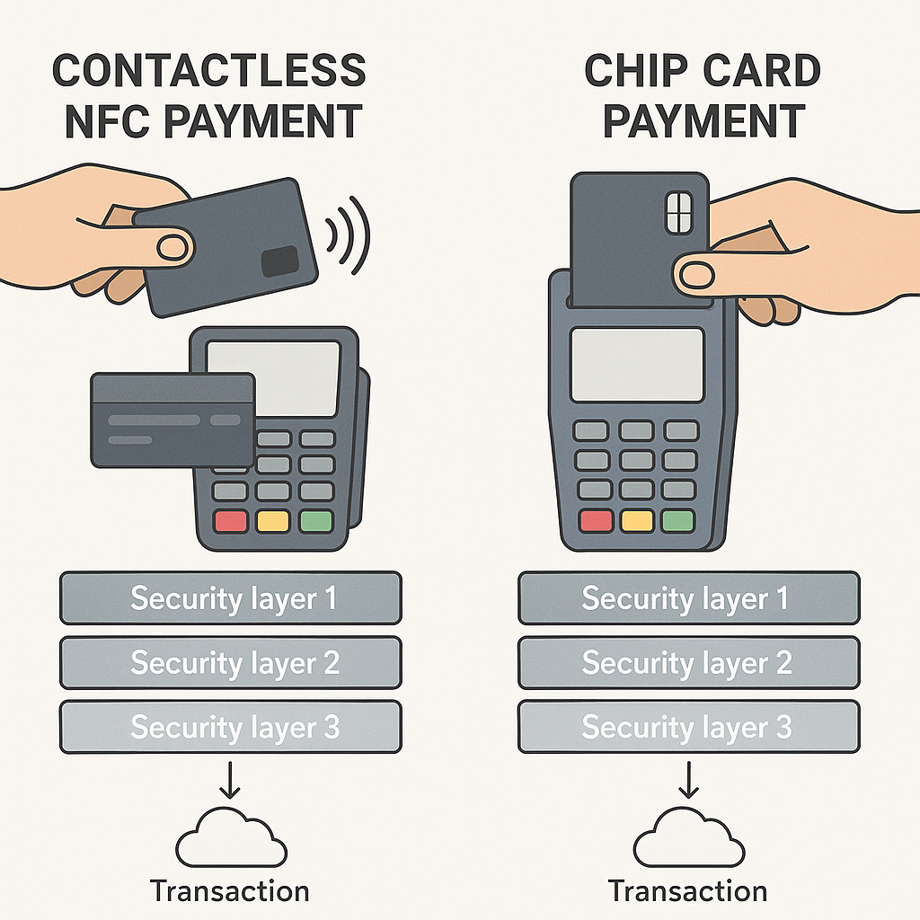 Contactless payment terminal showing tap and chip insertion options side by side