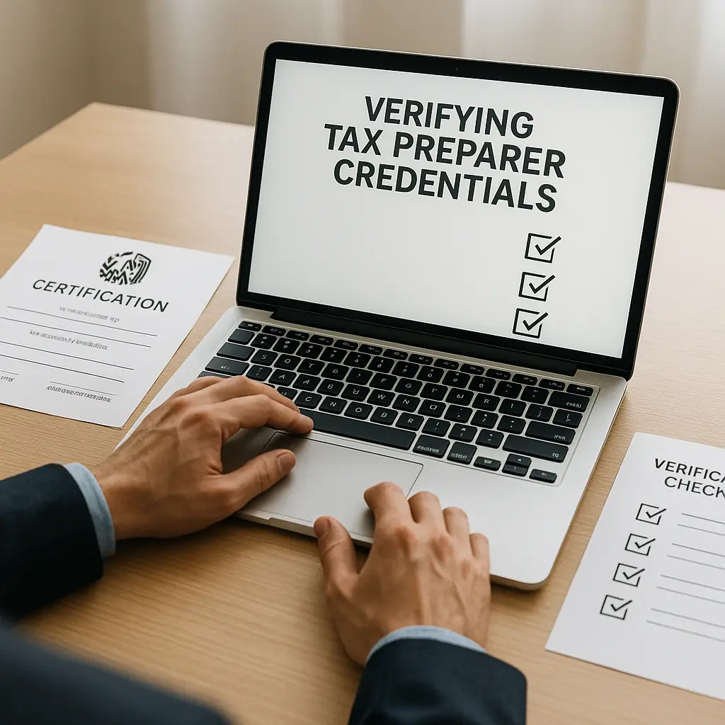 Tax documents and verification checklist on a desk with a laptop showing IRS directory search results