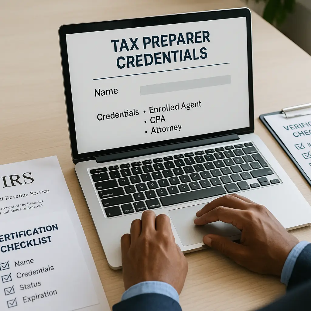 Person reviewing tax preparer credentials on a laptop screen with official certification documents visible