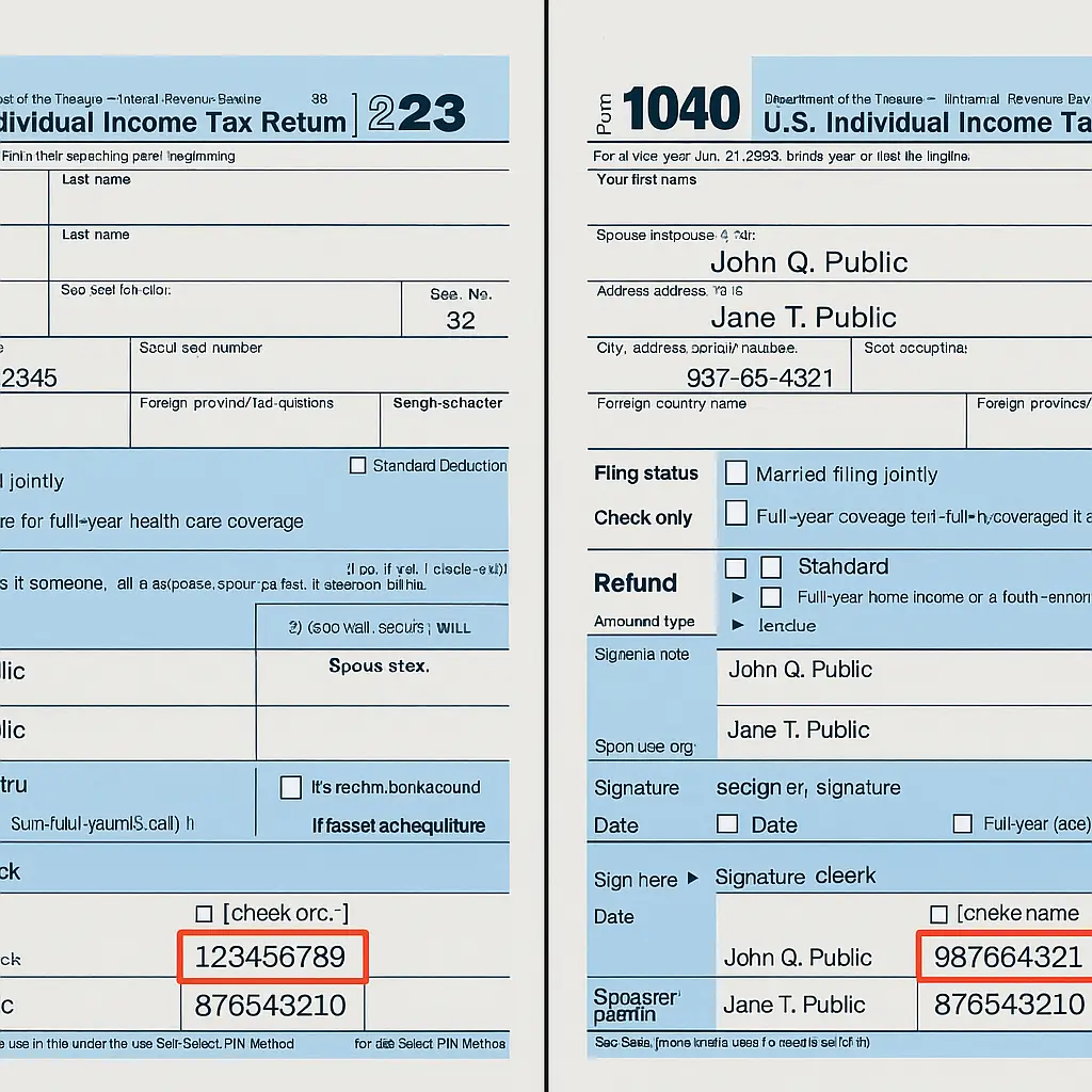 Split screen showing legitimate tax form on left, fraudulent duplicate on right with altered bank routing numbers