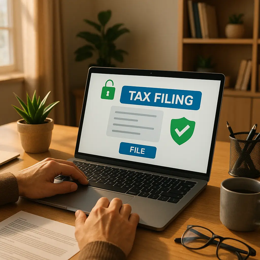 A person clicks 'Submit' on their tax return with confidence, while a shield icon appears on screen indicating secure transmission.