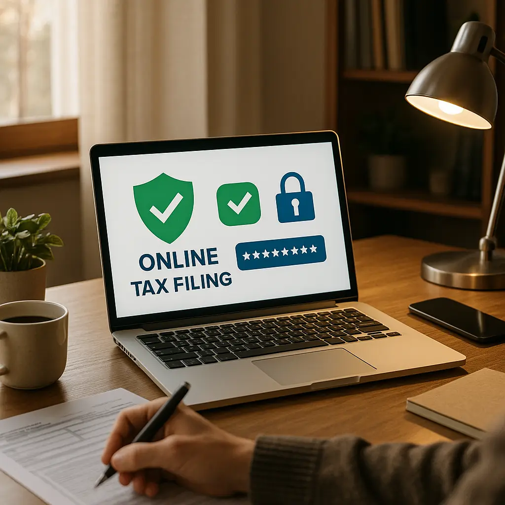 A laptop displaying a tax filing interface sits on a desk next to a stack of W-2 forms and a coffee mug, with a padlock icon overlaid on the screen.