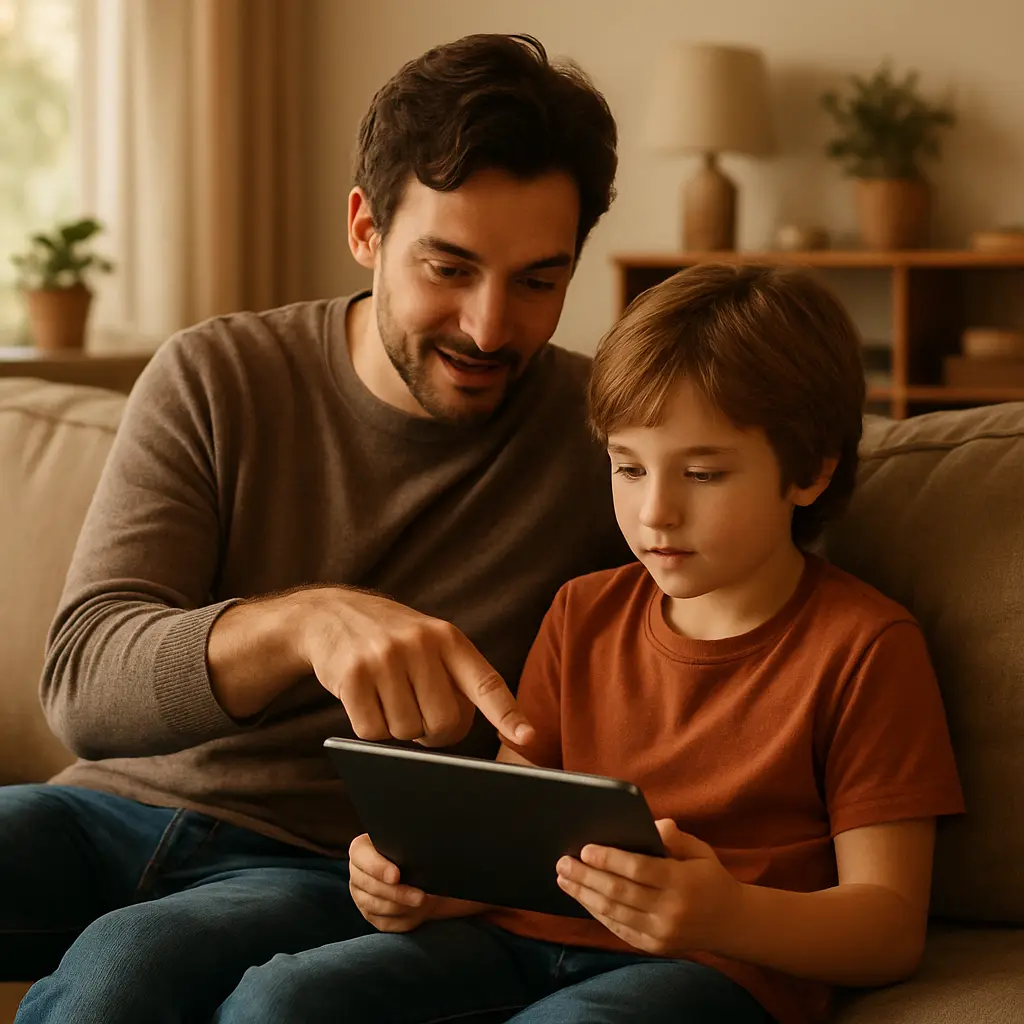 Family gathered around a laptop, engaged in discussion about internet safety