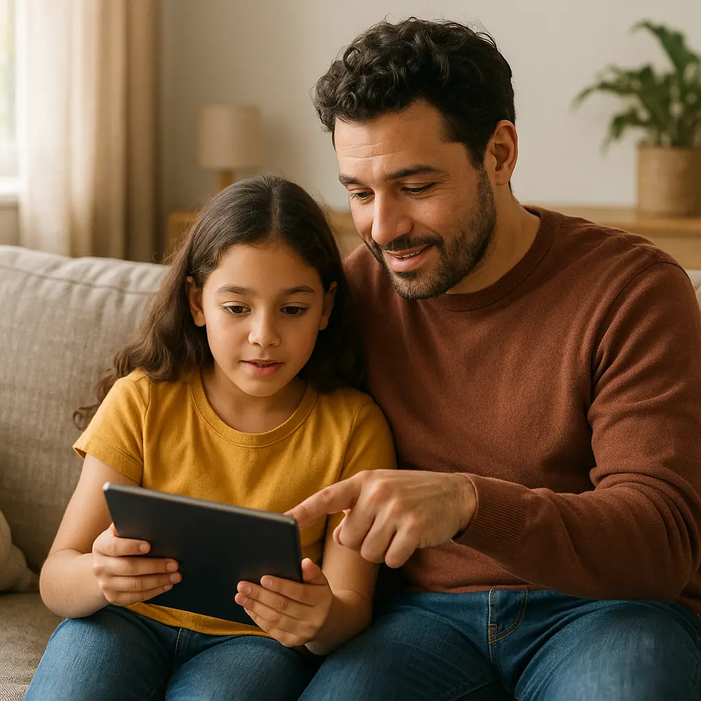 Parent and child sitting together looking at a tablet, having a conversation about online safety