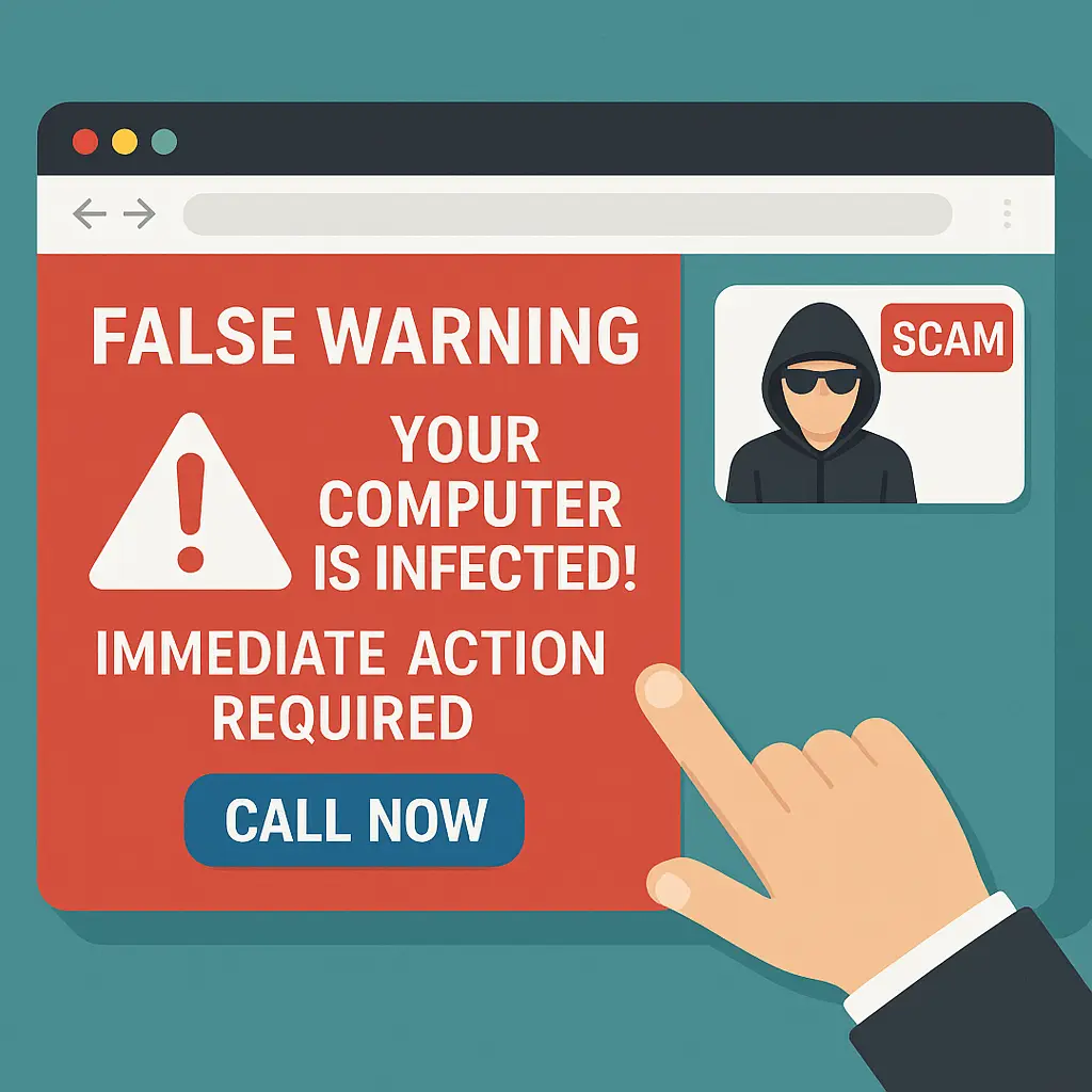 Split screen showing a fake Windows security alert on one side and a legitimate Microsoft support page on the other