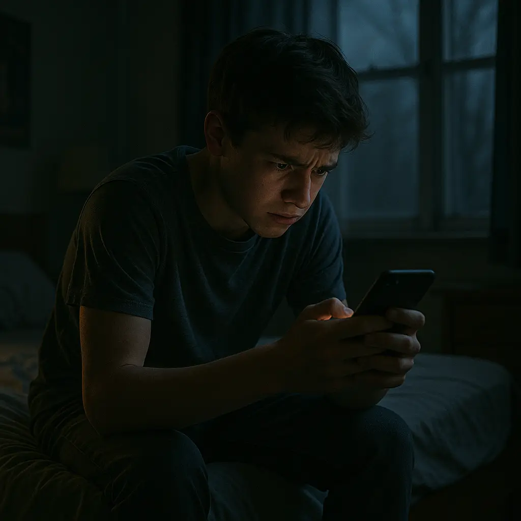 Teen looking distressed at phone screen in darkened room