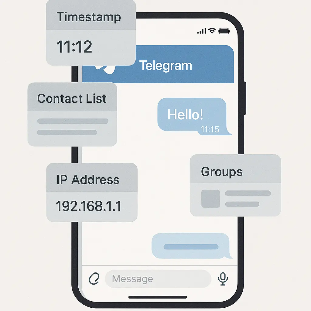A smartphone displaying the Telegram app interface with a translucent overlay showing visible metadata fields