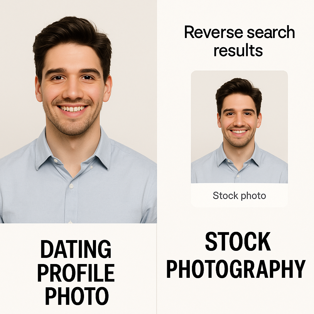Split screen showing a polished dating profile photo next to the same image's reverse search results revealing stock photography