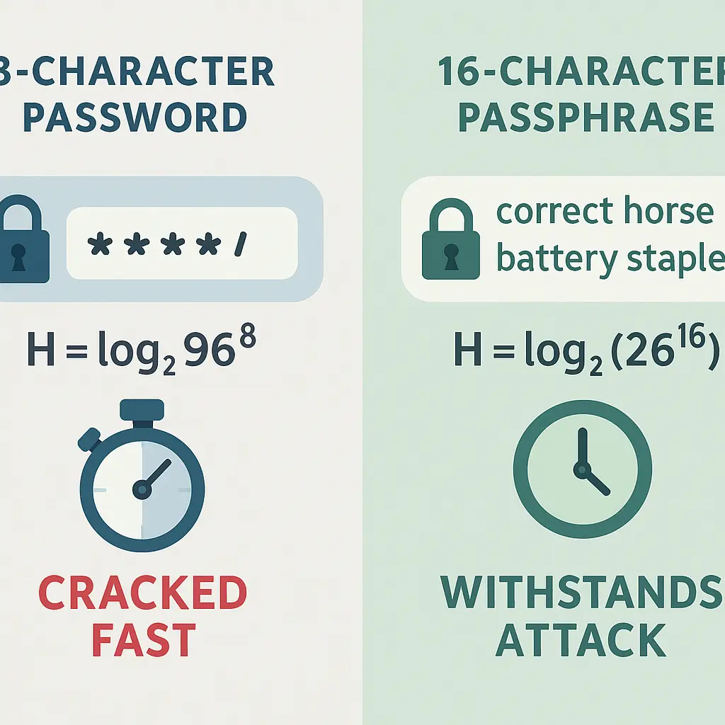 Timeline showing cracking time difference between 8-character and 16-character passwords