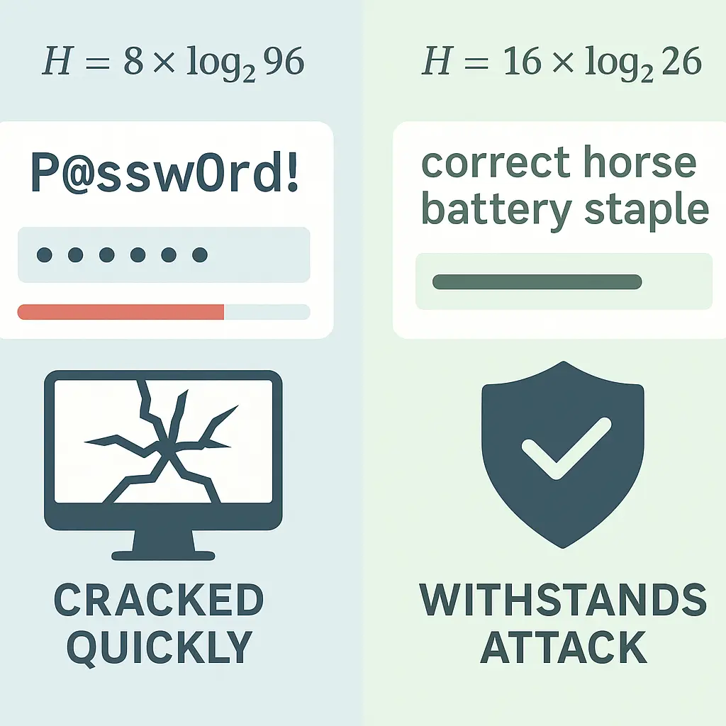 Visual comparison showing entropy calculations for short complex password versus long simple password