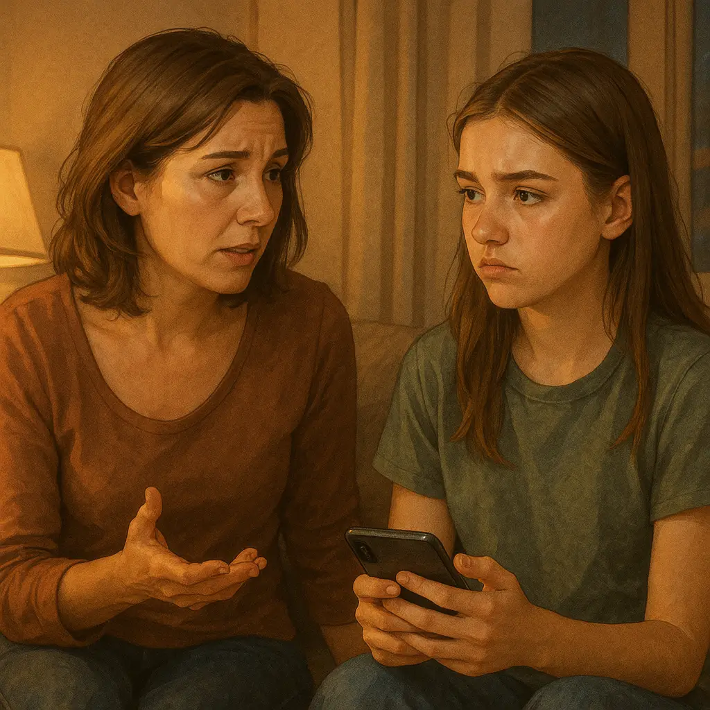 Parent and teenager looking at phone screen together, conversation about social media safety