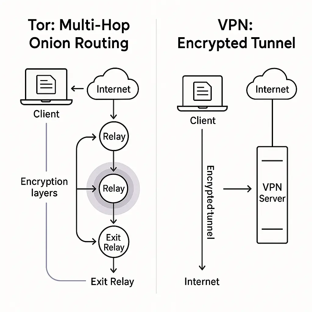 Split-screen illustration showing Tor's onion routing on one side and VPN's encrypted tunnel on the other