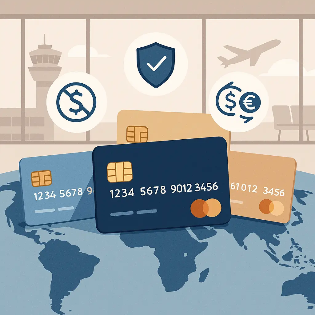 Traveler reviewing credit card options at airport terminal