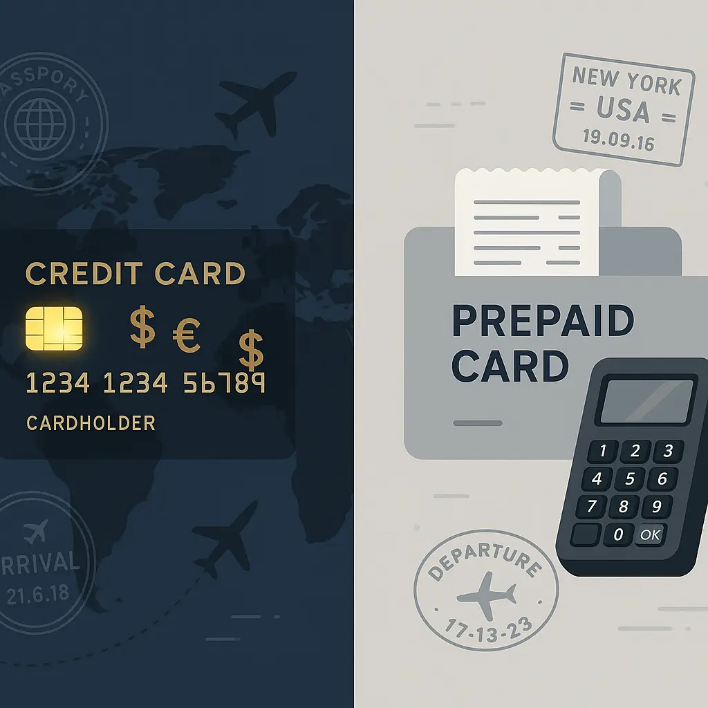 Two payment cards side by side on a map with passport and boarding pass