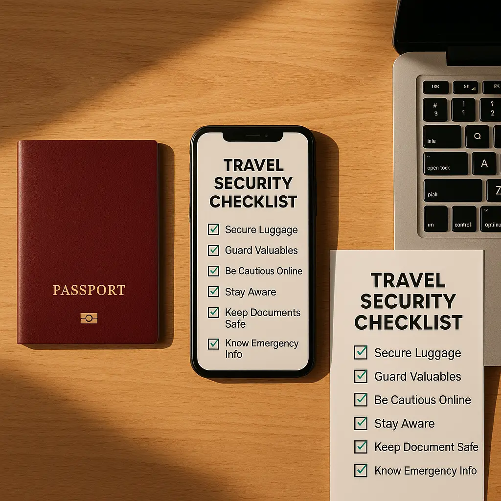 Passport and smartphone on a wooden table with a travel checklist