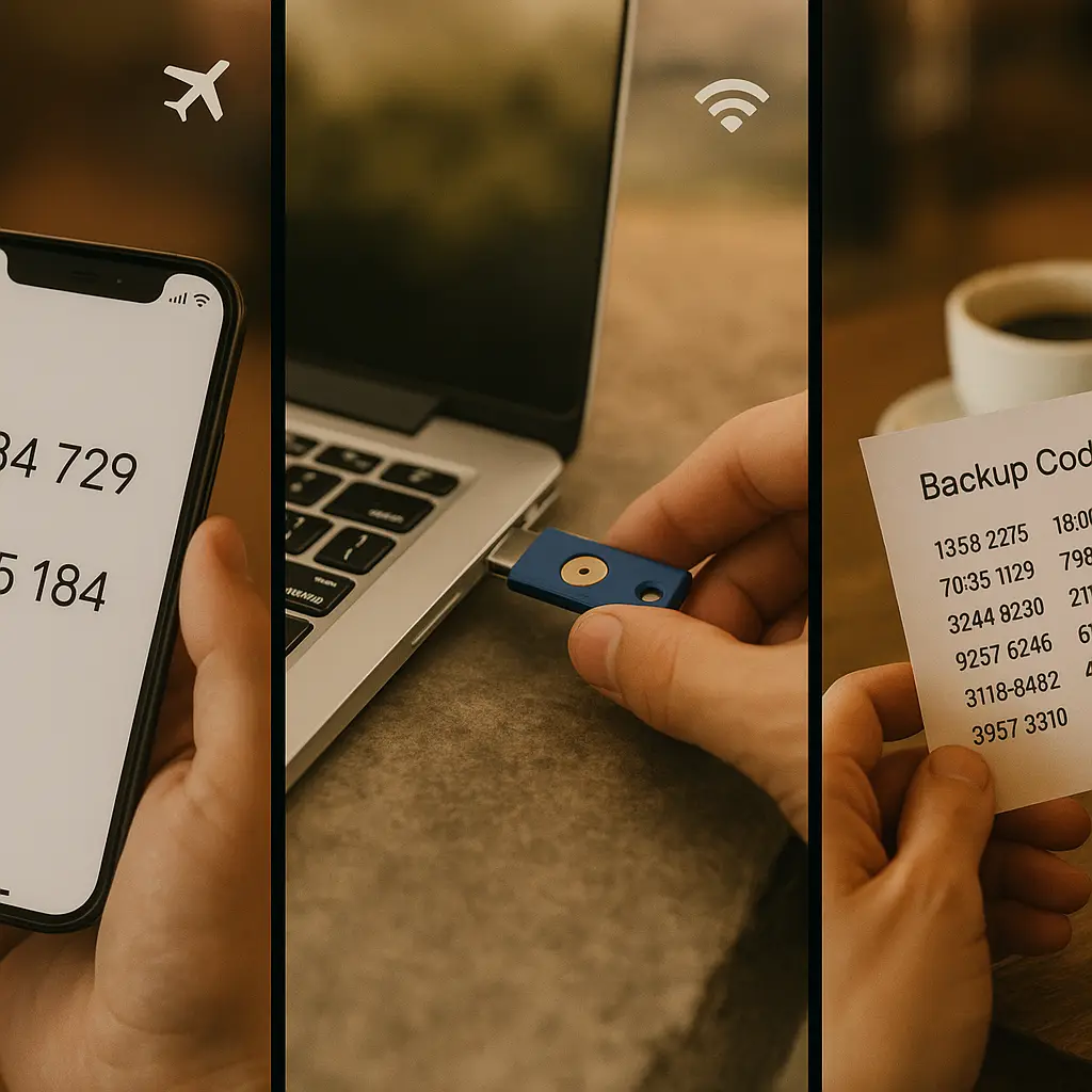 Smartphone displaying authenticator app codes next to hardware security key on airplane tray table