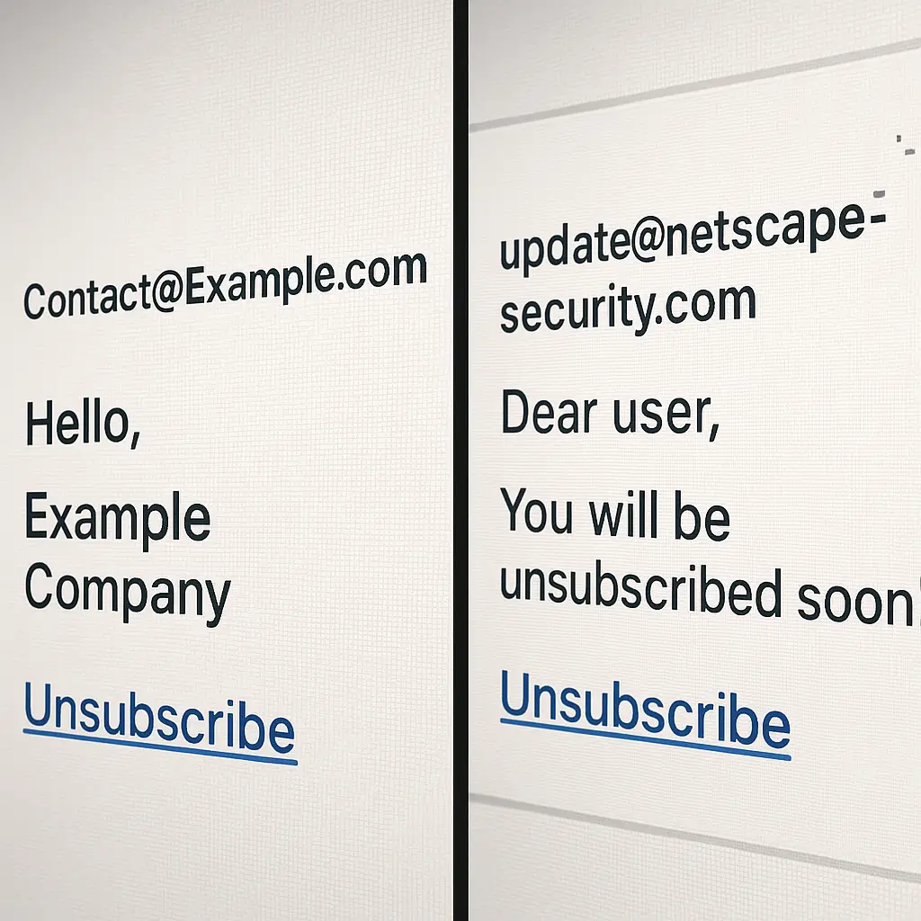Person reviewing email headers and sender information before clicking an unsubscribe link