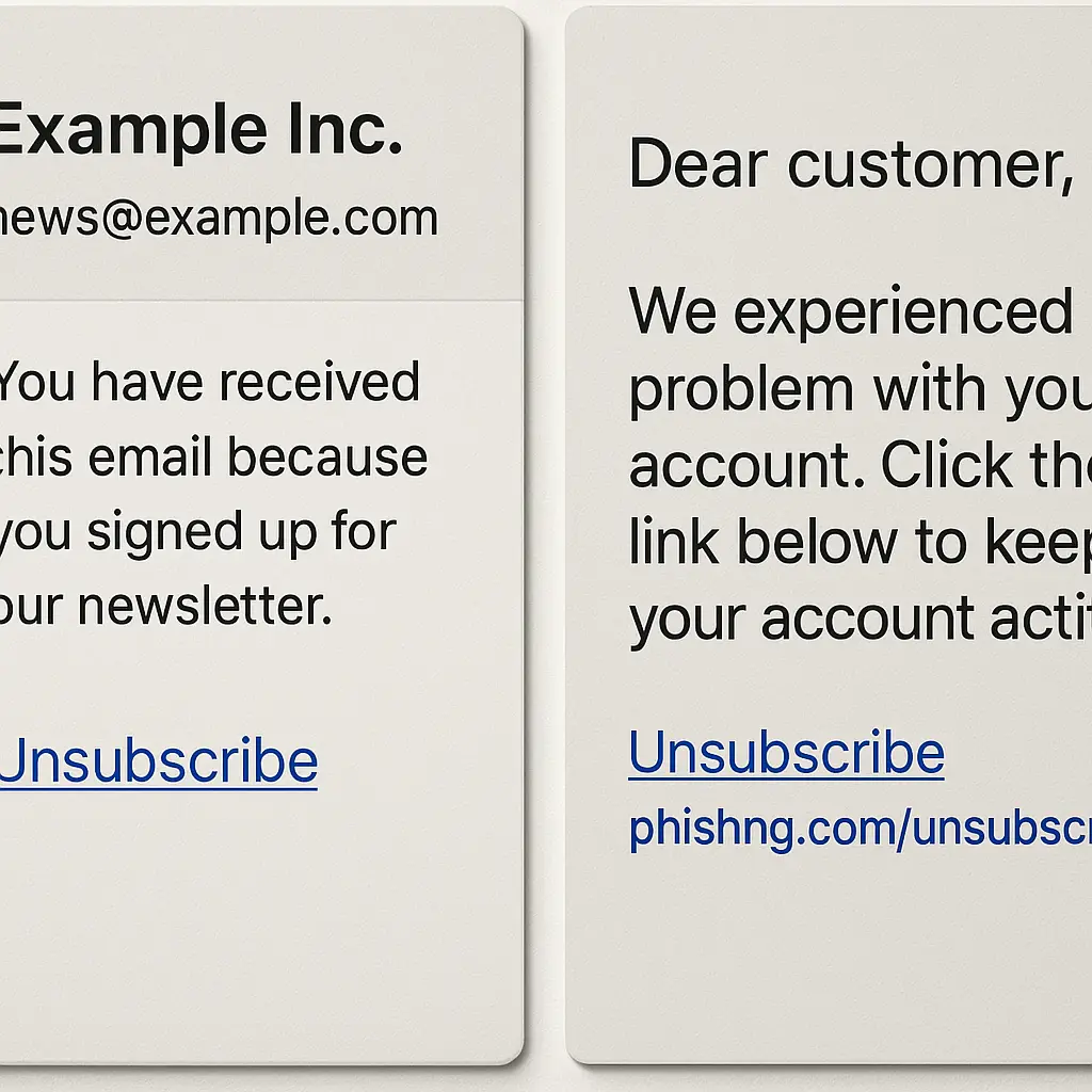 Email inbox with an unsubscribe link highlighted, showing both legitimate and suspicious characteristics