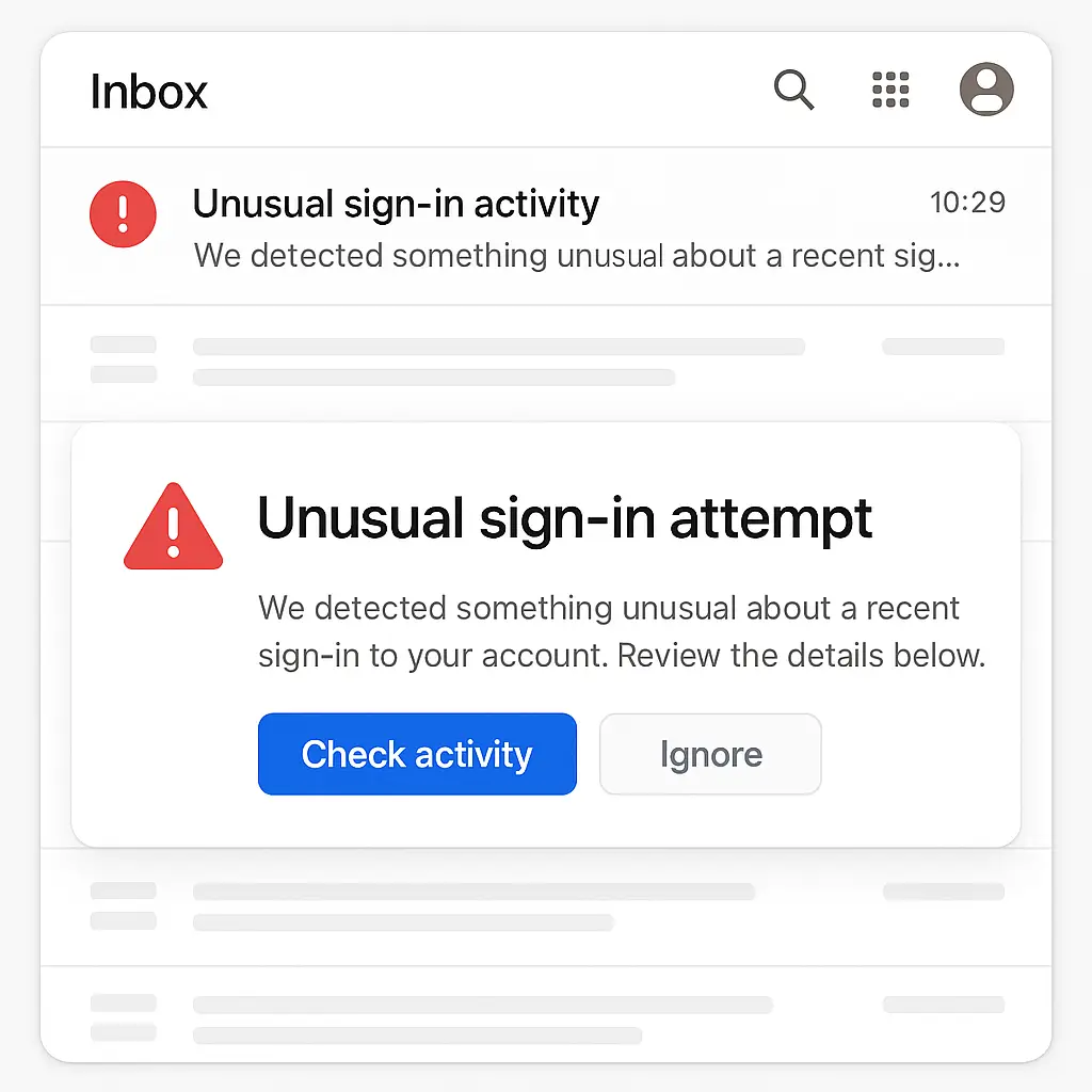 Inbox notification showing unusual sign-in attempt warning from email provider