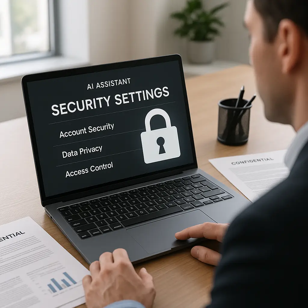 Professional reviewing AI assistant security settings on laptop in office environment