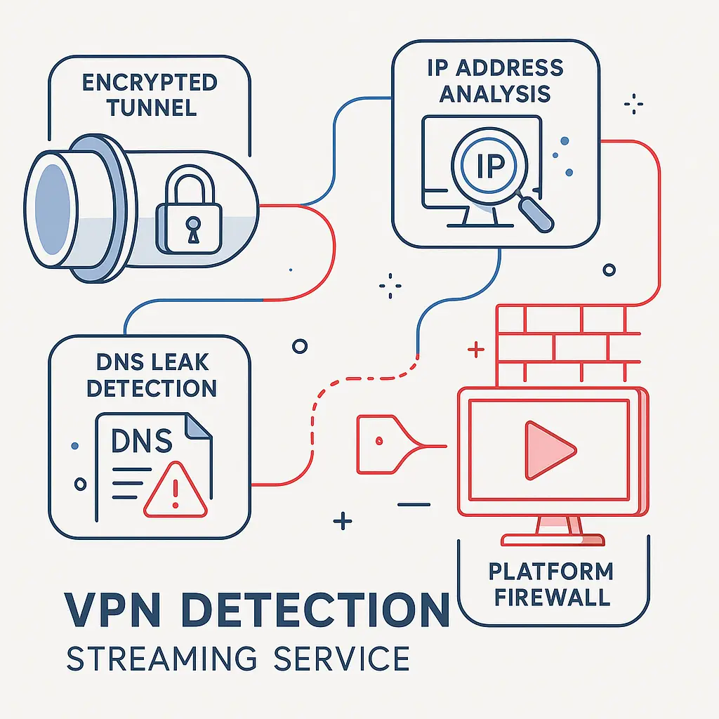 Decision tree diagram showing when to use VPN for streaming based on location, content access, and detection risk