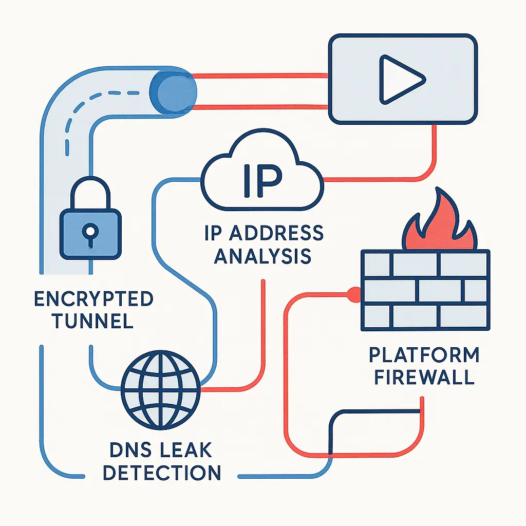 Abstract visualization of VPN traffic detection showing encrypted tunnel meeting streaming platform firewall with blocked and allowed pathways