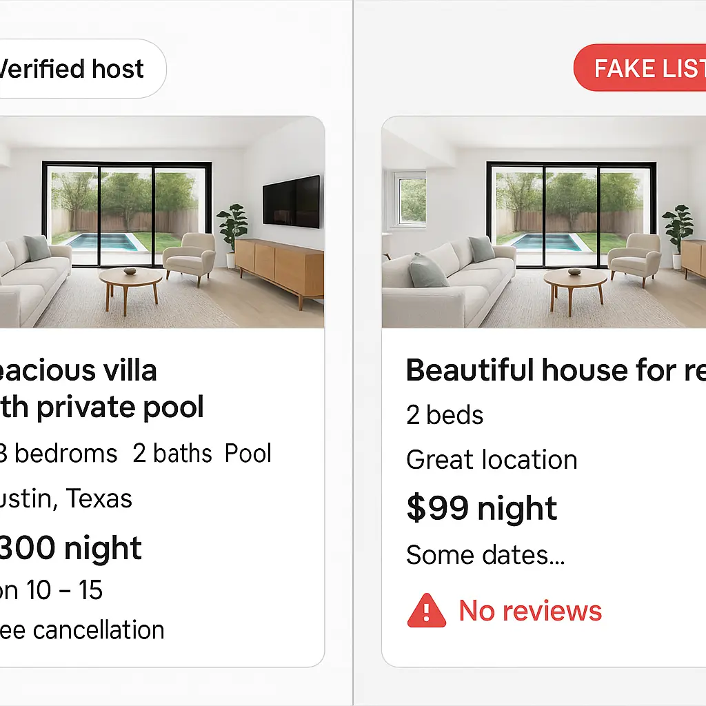 Split-screen showing a legitimate vacation rental listing next to a fake listing with identical photos