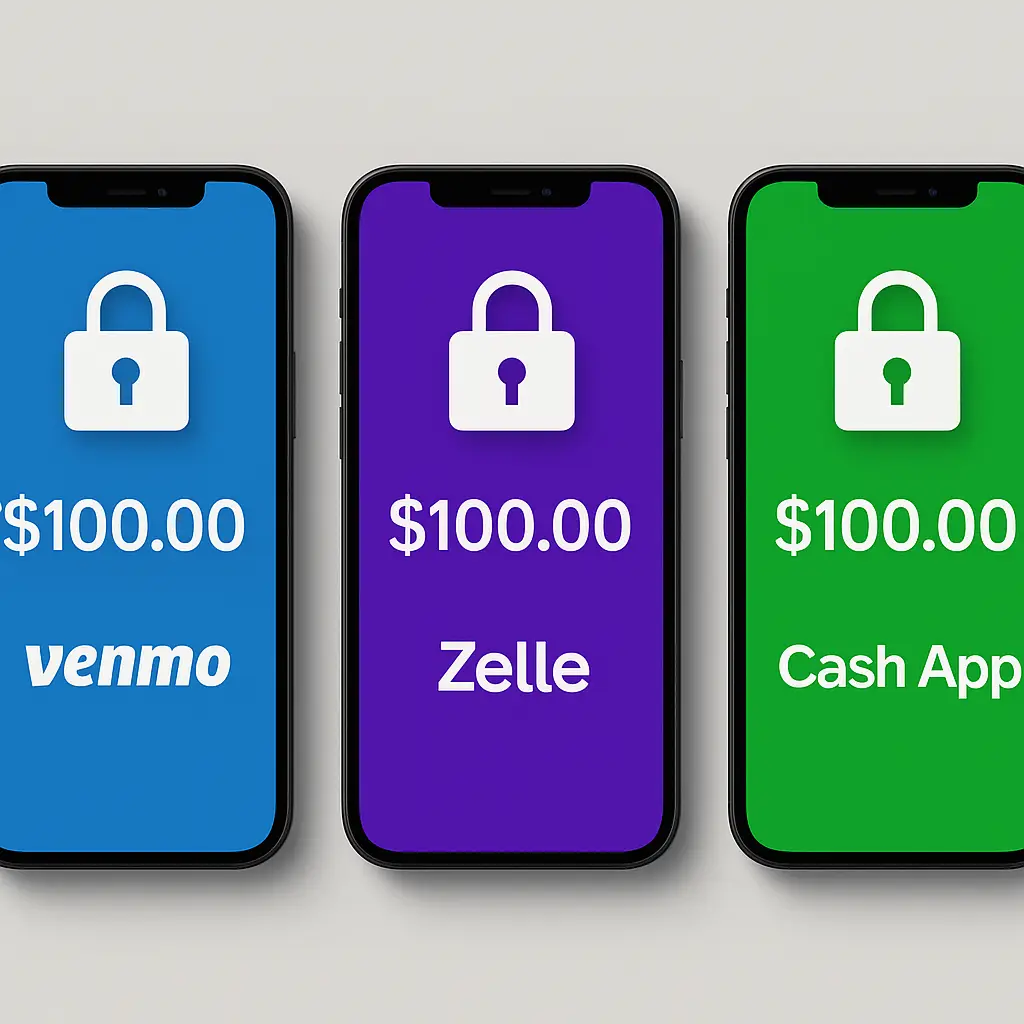 Three smartphone screens showing Venmo, Zelle, and Cash App interfaces side by side