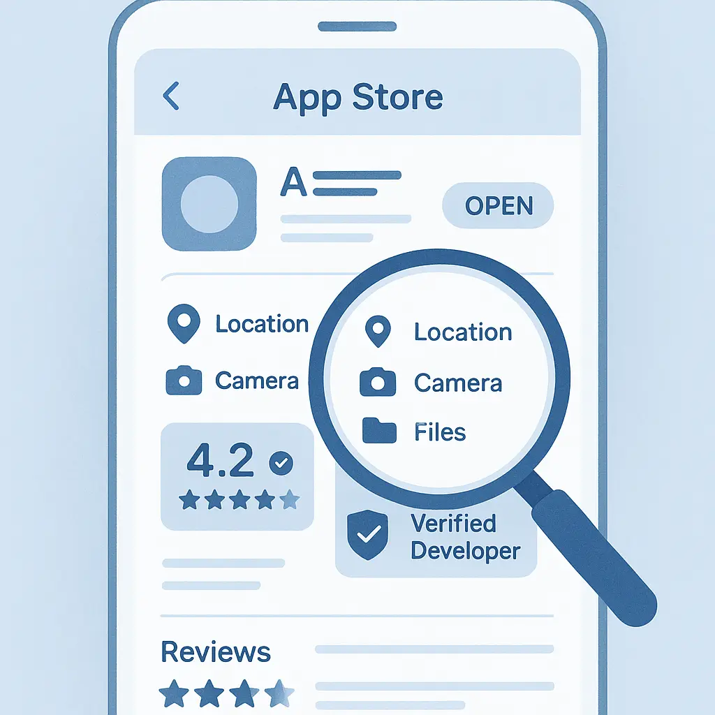 Smartphone screen showing app store listing with magnifying glass examining permission requests and developer information