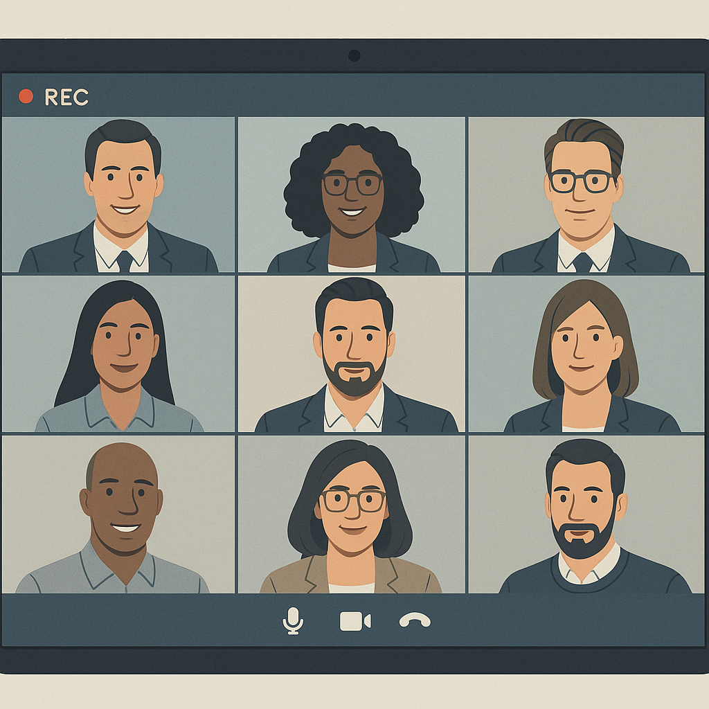 Split screen showing a video conference interface with a small recording indicator icon in the corner