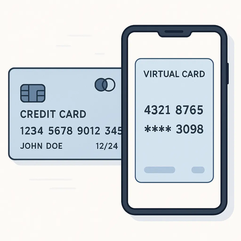 A laptop screen showing a virtual card interface with a generated temporary number, emphasizing the one-time-use nature of virtual payment methods
