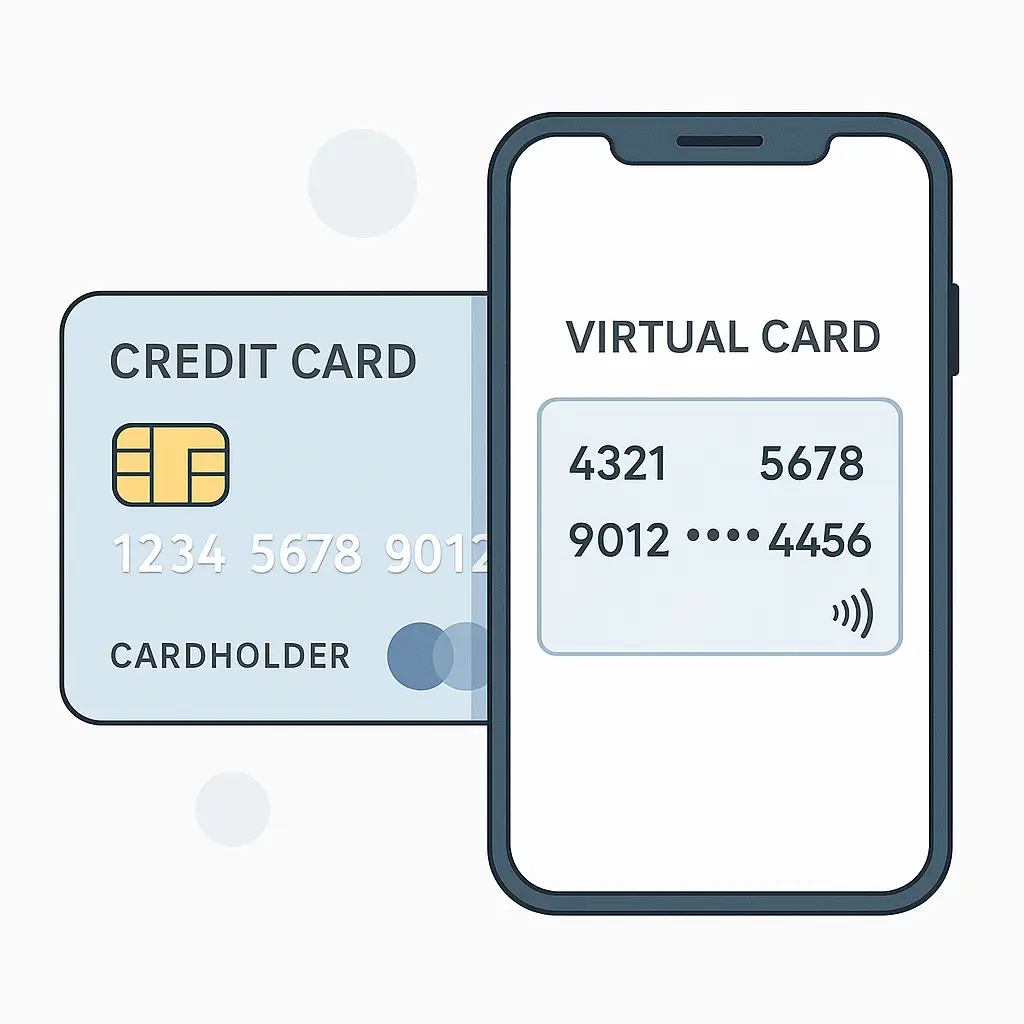 A physical credit card next to a smartphone displaying a virtual card number, illustrating the concept of temporary digital payment credentials